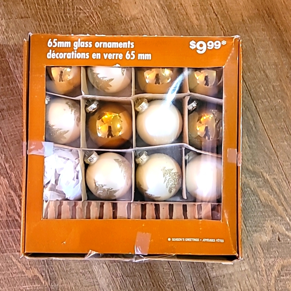Qty 11 glass Christmas ornaments gold and cream color with hooks antique 65mm